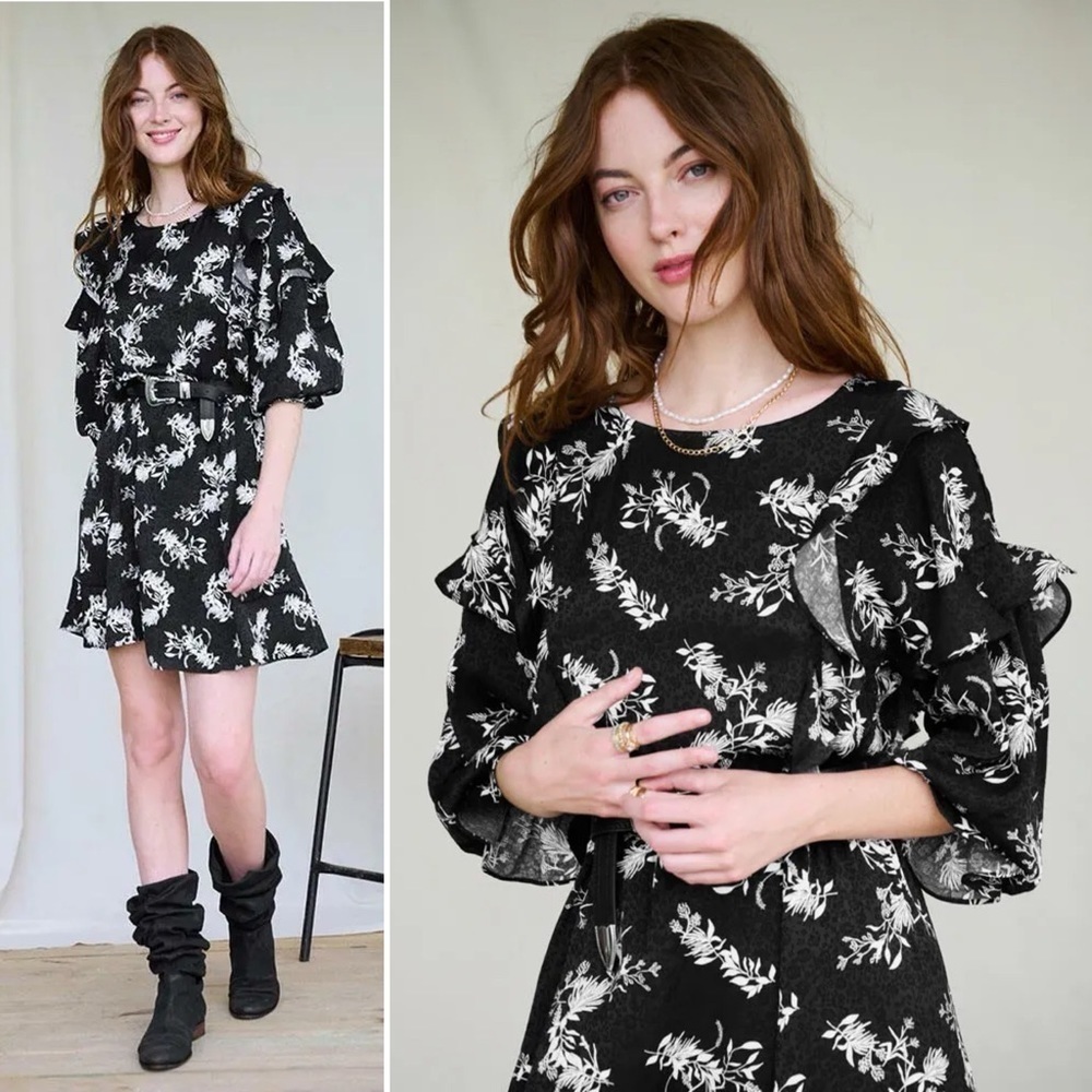 Matilda Jane NWT Waverly Dress medium black floral mini ruffle long sleeve NEW